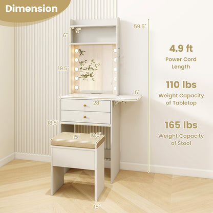 Compact Vanity Desk Set with 3-Color Lighted Mirror and Power Outlets
