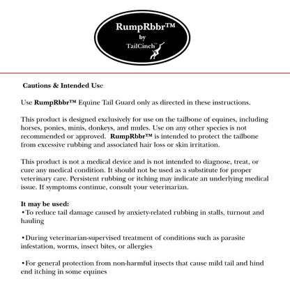 RumpRbbr Tail Guard by TailCinch logo on a care sheet with cautions and use on Tampa Home & Garden Store