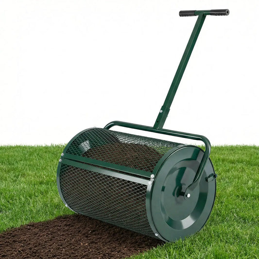 Compost Spreader 24-inch roller with height-adjustable T-handle, green mesh drum on grass on Tampa Home & Garden Store