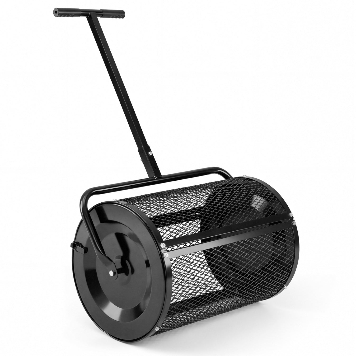 Black cylindrical mesh drum with end caps and a long handle, rolling machine on Tampa Home & Garden Store
