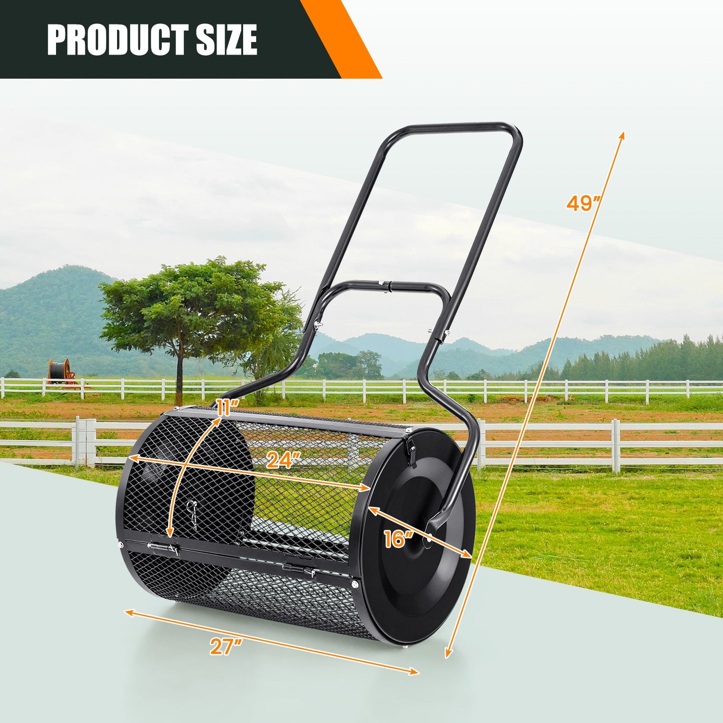Esparcidor de turba de 24" con pestillos laterales mejorados y mango en forma de U - Negro