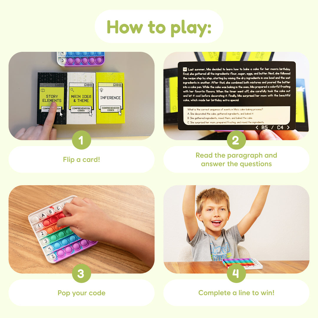 Comprehension Codes educational toy cards by The Fidget Games; 4-step play flip, read, pop, win on Tampa Home & Garden Store