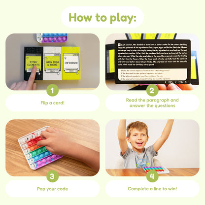 Comprehension Codes educational toy cards by The Fidget Games; 4-step play flip, read, pop, win on Tampa Home & Garden Store