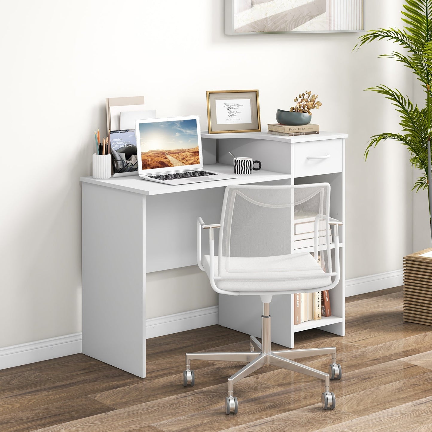 Escritorio de ordenador moderno para portátil con estante ajustable y orificio para cables - Blanco