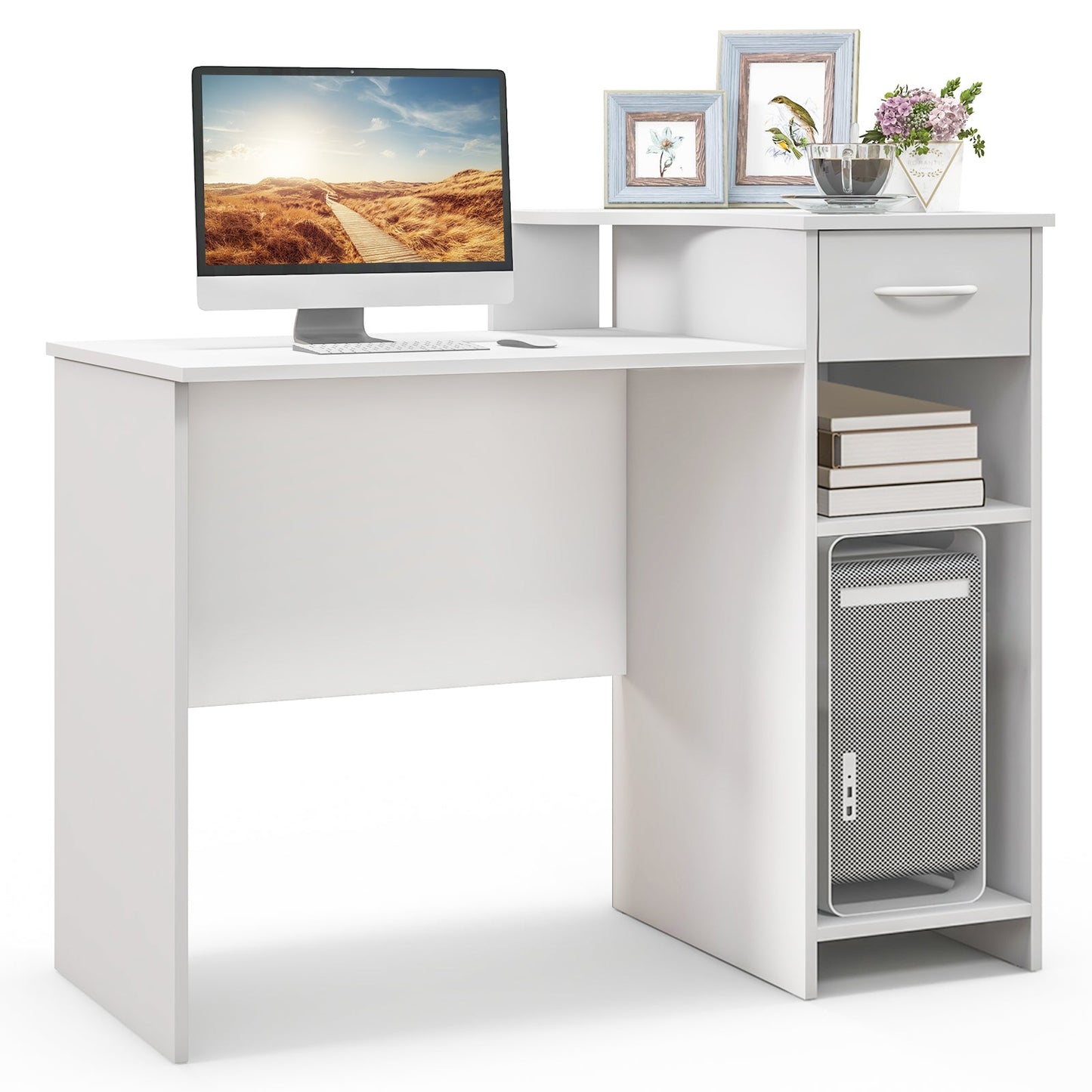 Escritorio de ordenador moderno para portátil con estante ajustable y orificio para cables - Blanco