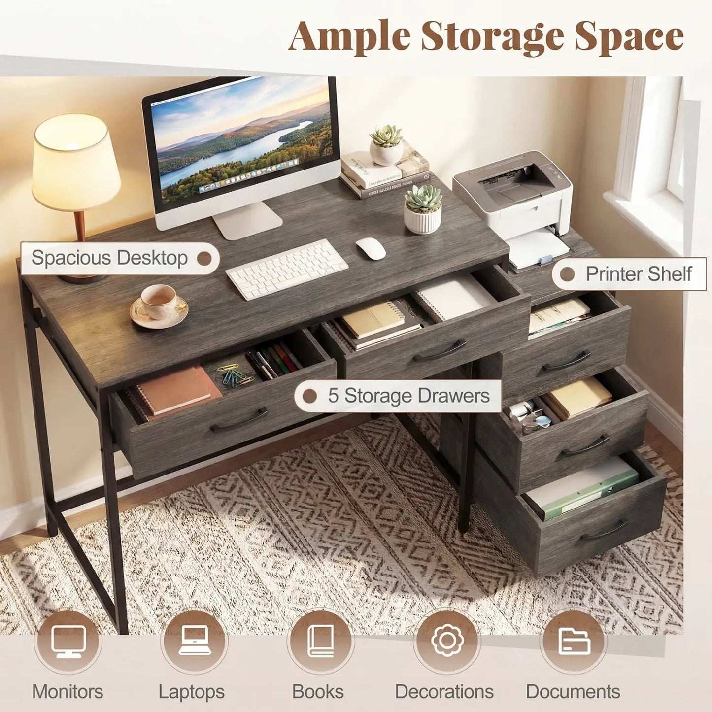 Computer Desk With 5 Drawers and Printer Stand