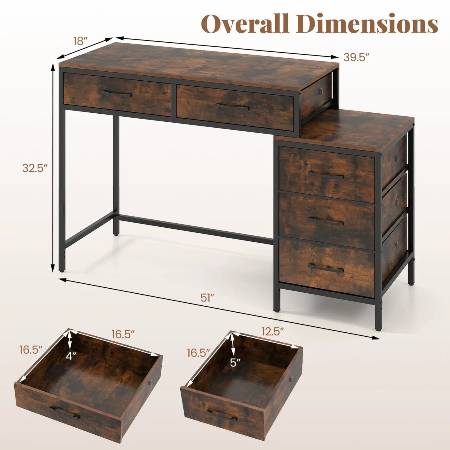 Computer Desk With 5 Drawers and Printer Stand