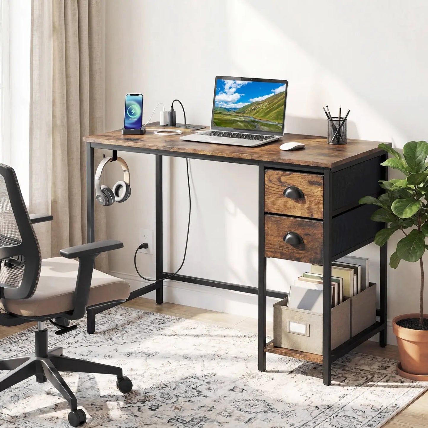 Computer Desk with Charging Station and 2 Drawers