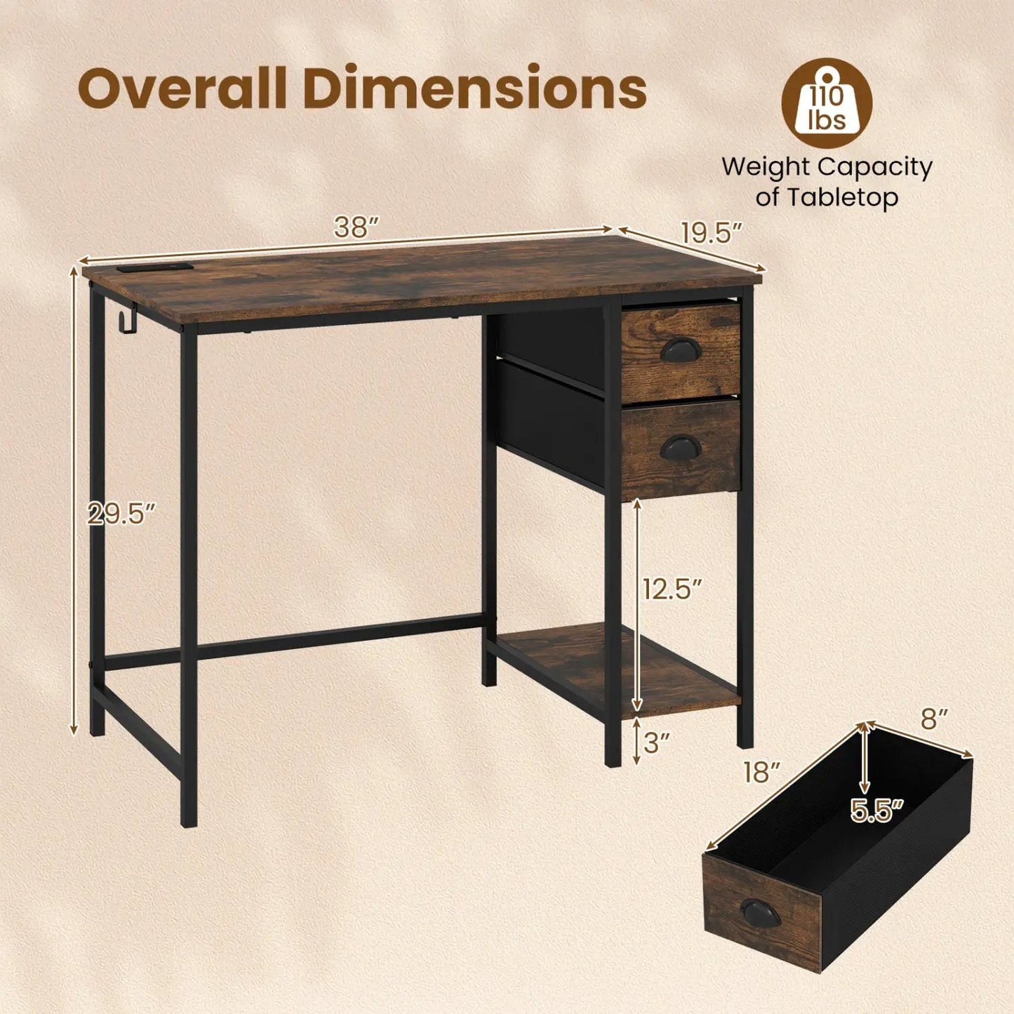 Computer Desk with Charging Station and 2 Drawers
