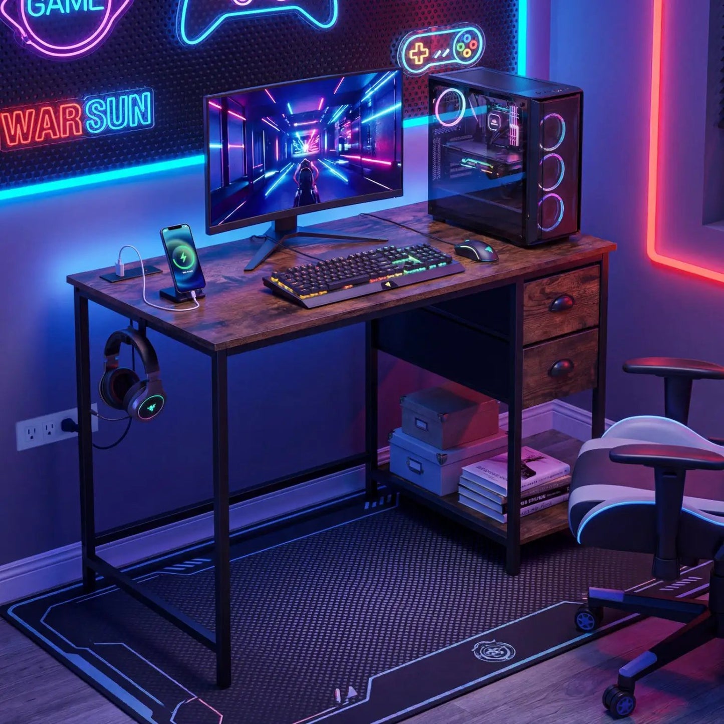 Computer Desk with Charging Station and 2 Drawers