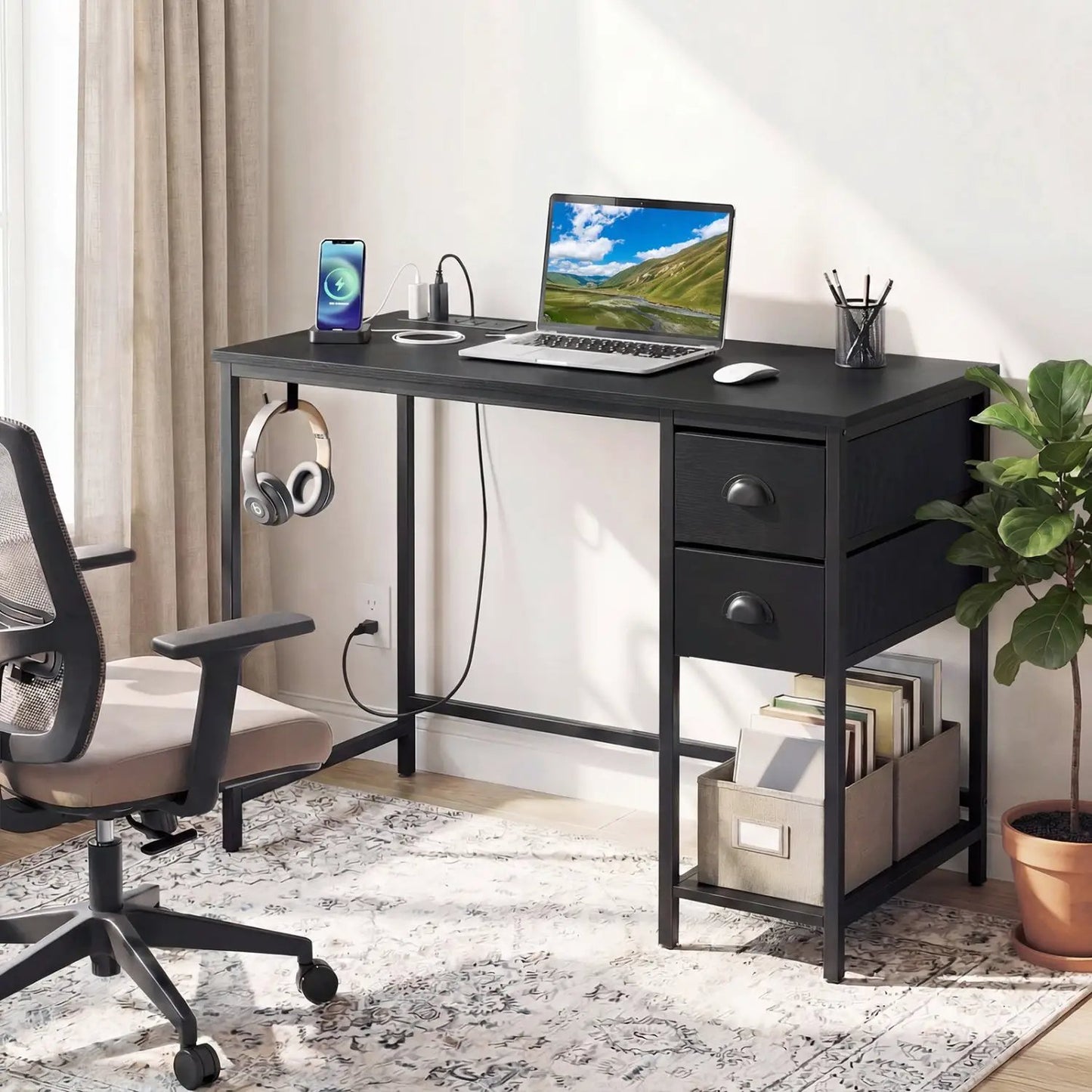 Computer Desk with Charging Station and 2 Drawers