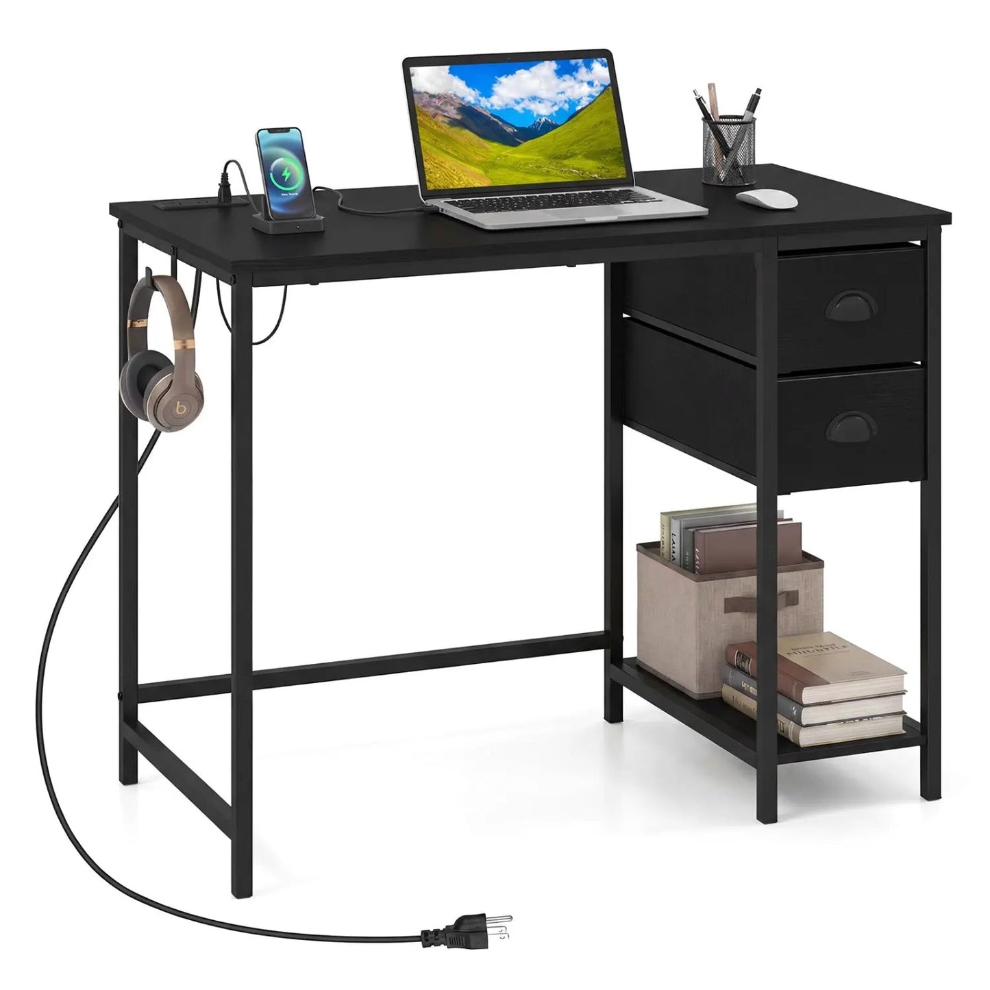 Computer Desk with Charging Station and 2 Drawers