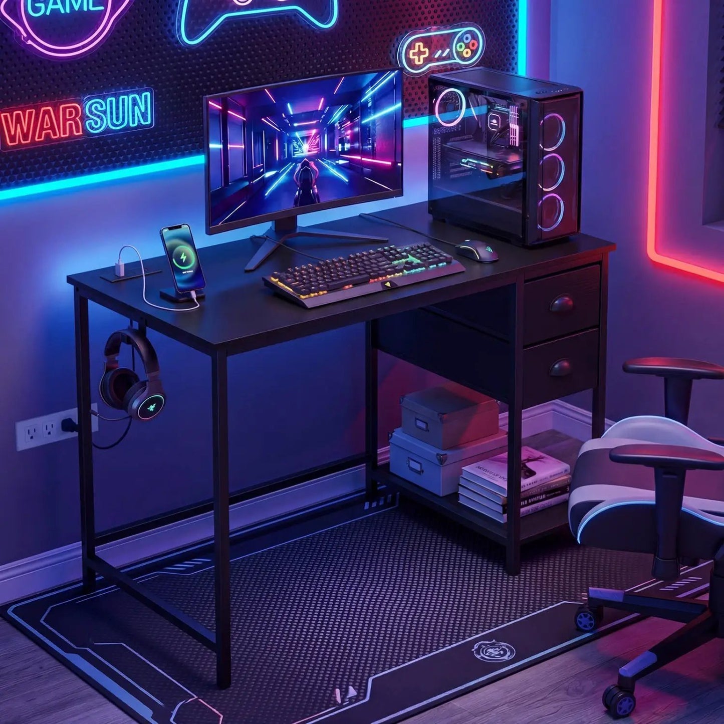 Computer Desk with Charging Station and 2 Drawers