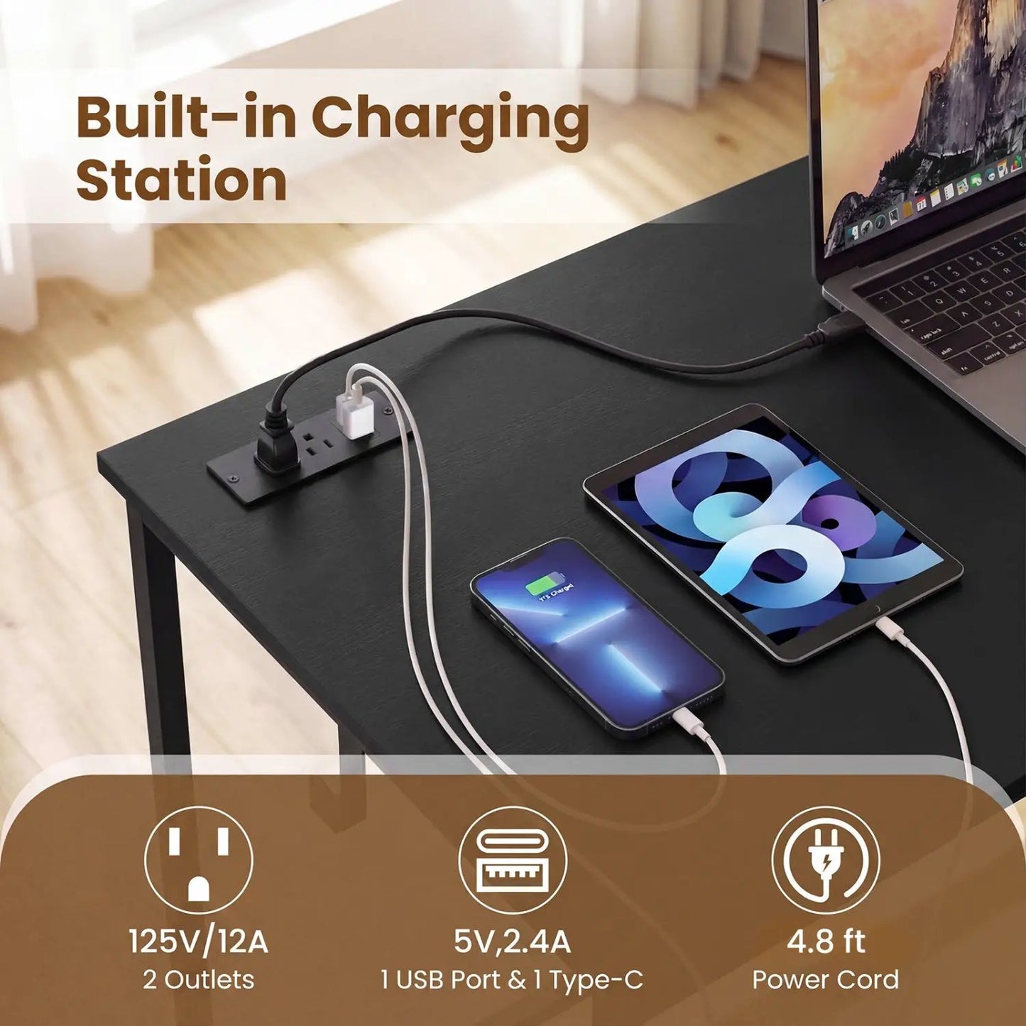 Computer Desk with Charging Station and 2 Drawers