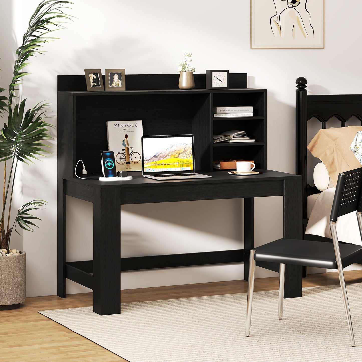 Escritorio moderno para computadora con compartimento superior y estantes de almacenamiento - Negro