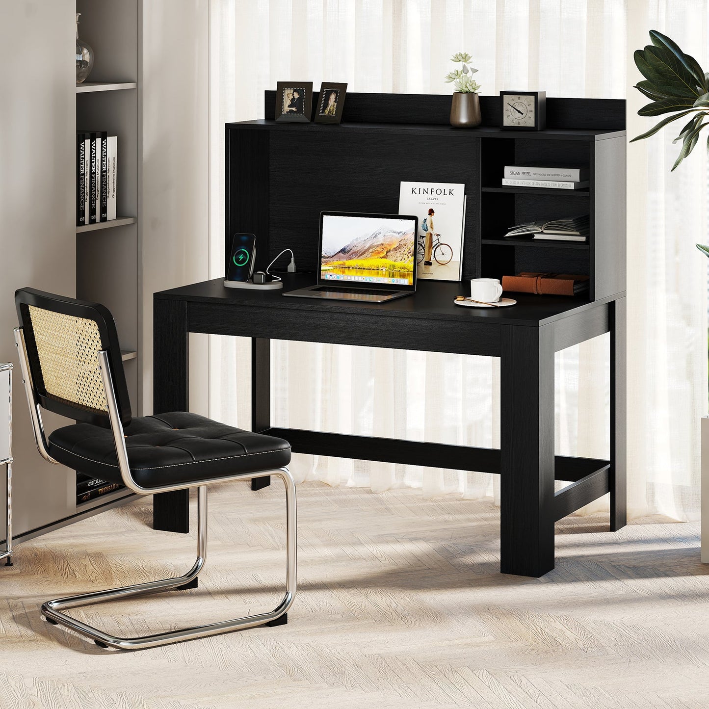 Escritorio moderno para computadora con compartimento superior y estantes de almacenamiento - Negro