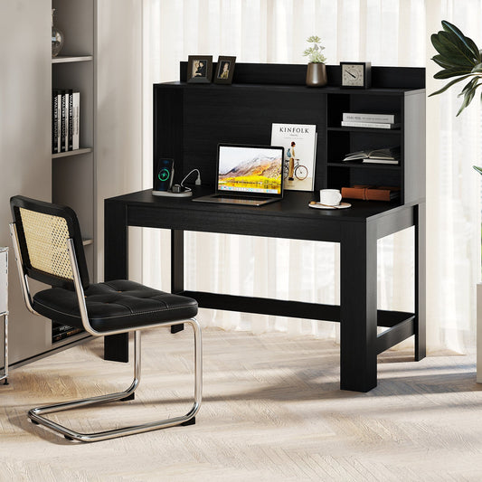 Escritorio moderno para computadora con compartimento superior y estantes de almacenamiento - Negro