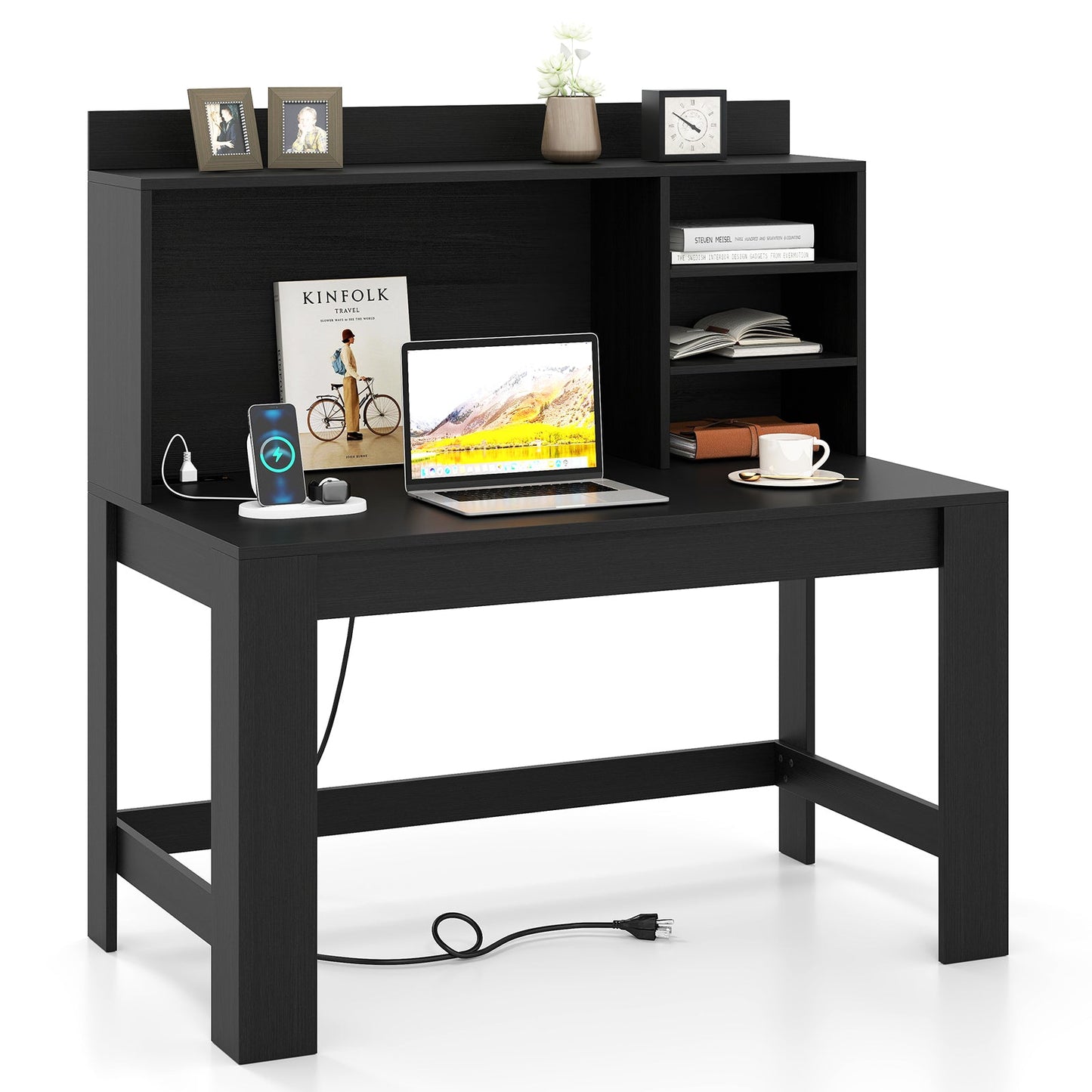 Escritorio moderno para computadora con compartimento superior y estantes de almacenamiento - Negro