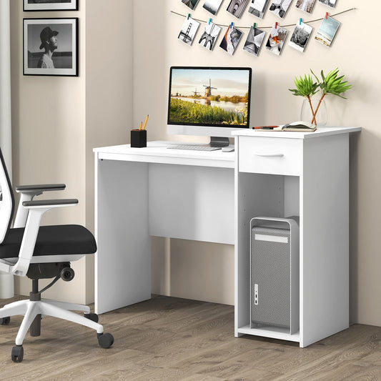 Computer Desk with Drawer Modern Laptop PC Desk with Adjustable Shelf and Cable Hole-White - Tampa Home & Garden Store