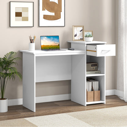 Escritorio de ordenador con cajón, escritorio moderno para PC portátil con estante ajustable y orificio para cables - Blanco