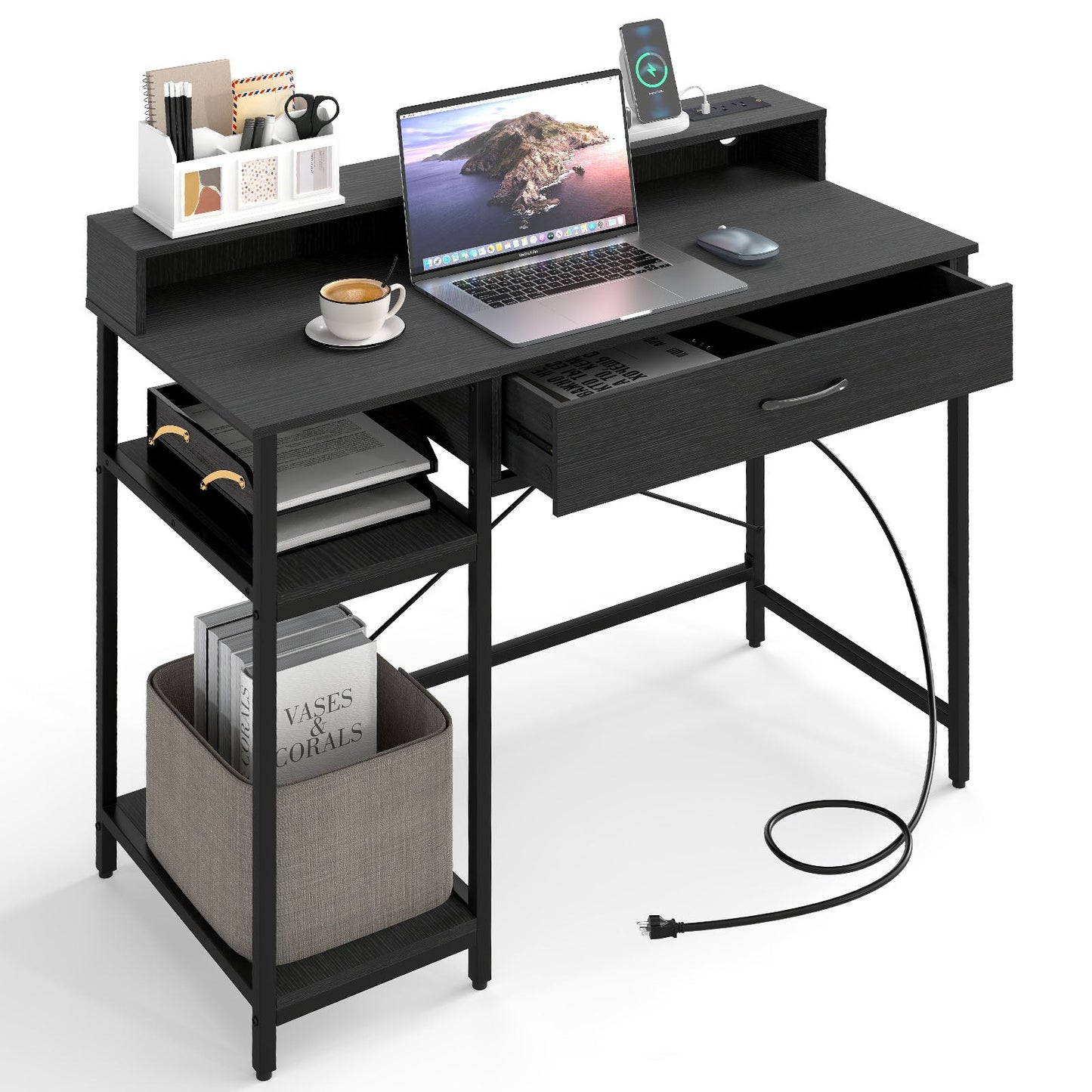 Escritorio para computadora de 48 pulgadas con soporte para monitor, cajón y estantes - Marrón rústico