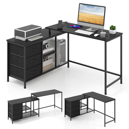 Escritorio para computadora en forma de L con toma de corriente para trabajar, estudiar o jugar - Negro