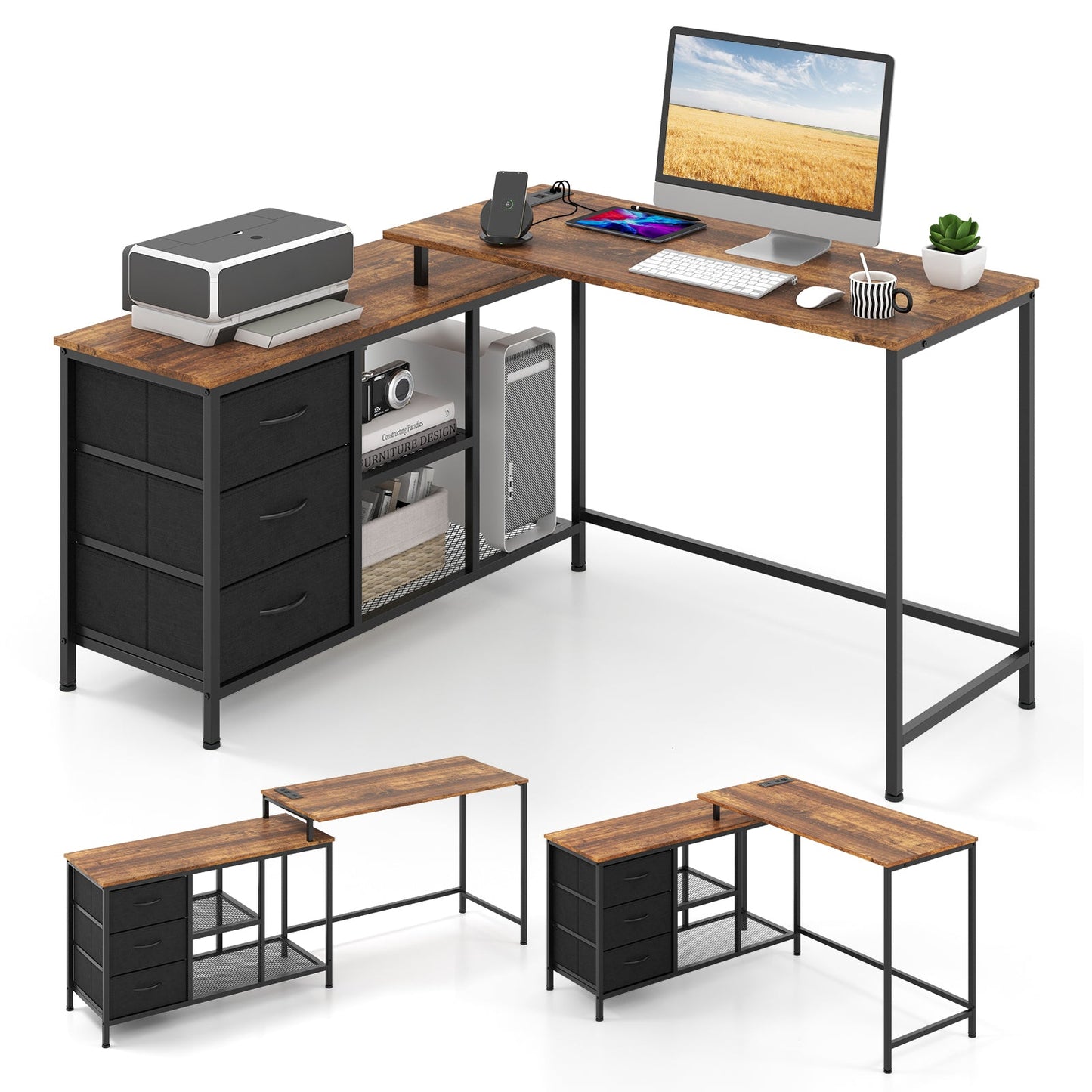 Escritorio para computadora en forma de L con toma de corriente para trabajar, estudiar o jugar - Negro
