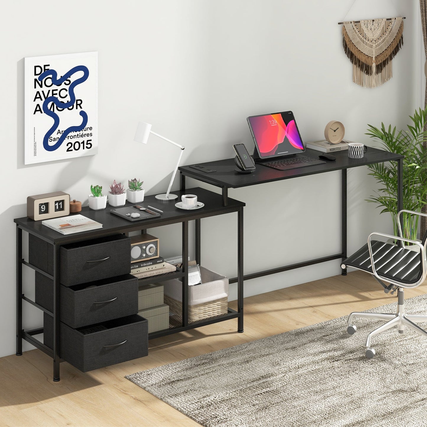 Escritorio para computadora en forma de L con toma de corriente para trabajar, estudiar o jugar - Negro