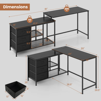 Escritorio para computadora en forma de L con toma de corriente para trabajar, estudiar o jugar - Negro
