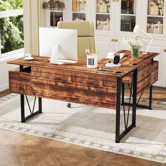 L-shaped desk DirectDeals rustic brown wood with built-in power outlets and storage drawers on Tampa Home & Garden Store
