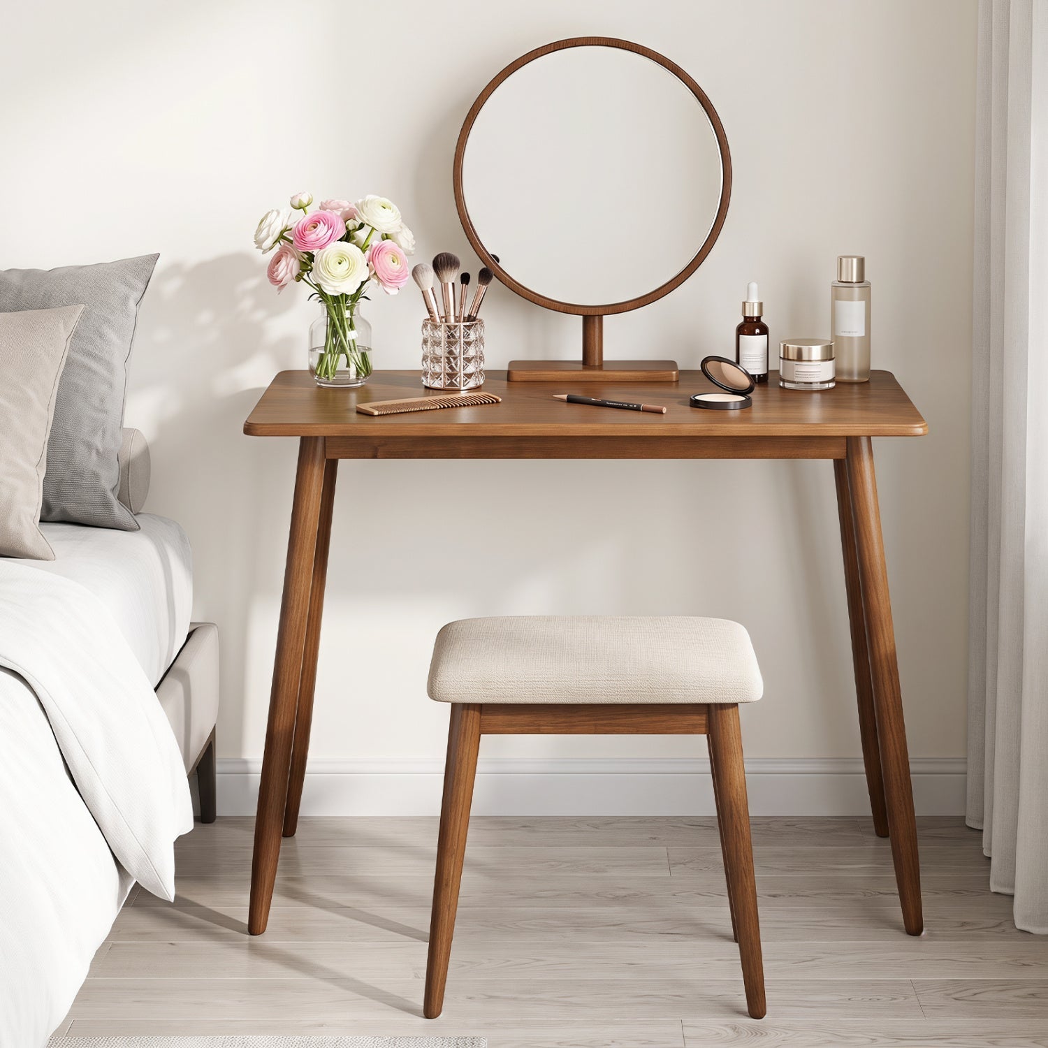 Writing Desk with rubber wood legs and spacious tabletop, round mirror centerpiece, DirectDeals on Tampa Home & Garden Store