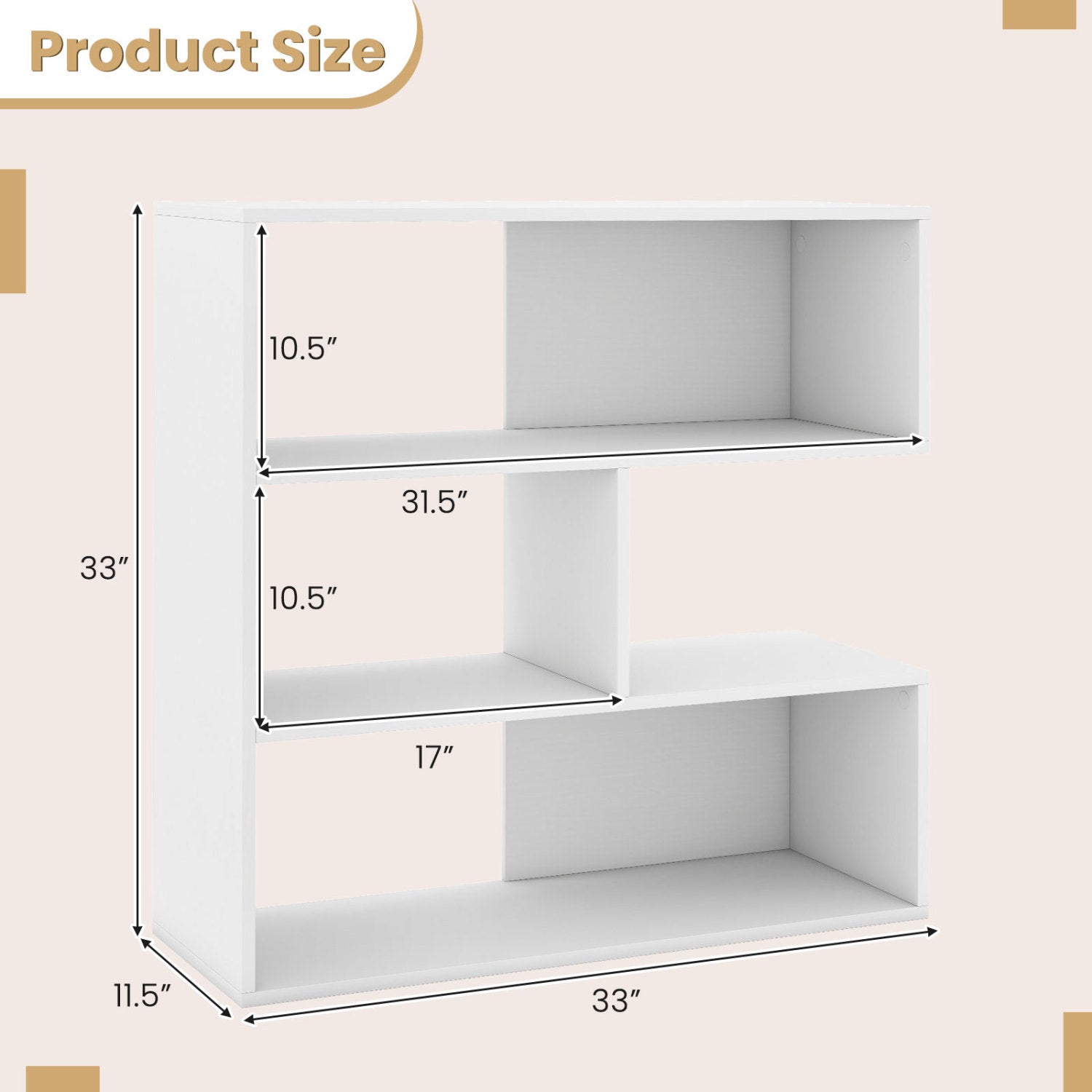 Concave bookcase with 3 open shelves, white finish, anti-tip device, DirectDeals on Tampa Home & Garden Store