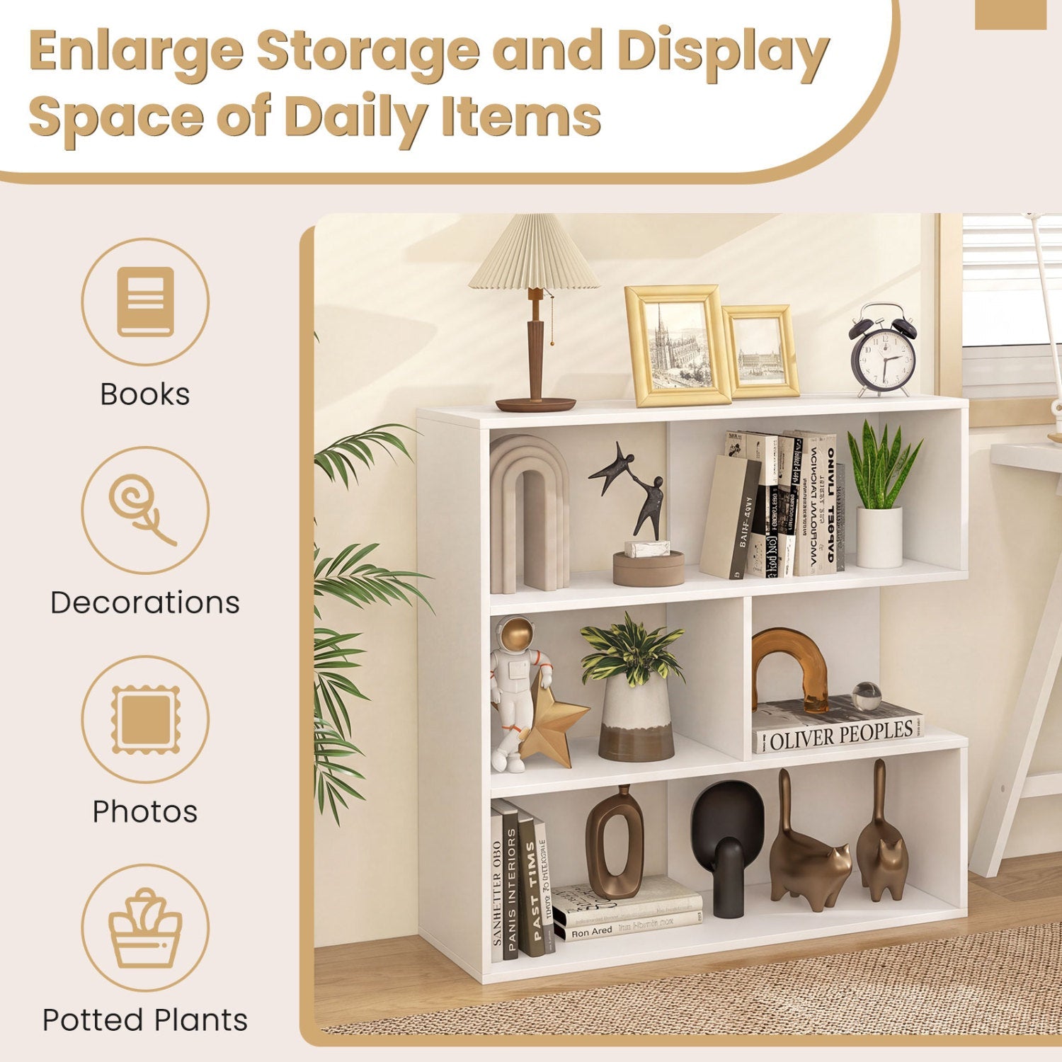 Concave Bookshelf DirectDeals, white finish with 3 open shelves and anti-tip device on Tampa Home & Garden Store