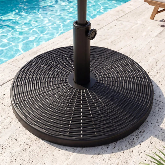Concrete patio umbrella base with black rattan-pattern weave for lawn by pool on Tampa Home & Garden Store