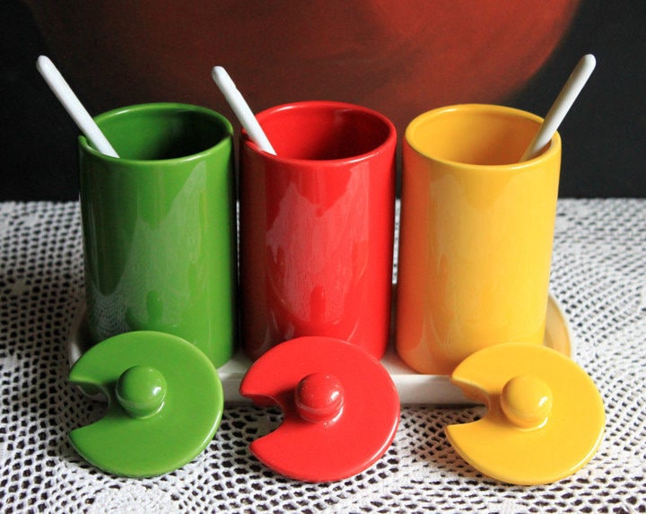 Condiment Jars with Lids , Spoons , and Tray. Containers for Serving Jam, Honey , or Ketchup. Modern Porcelain Kitchen Containers on Tray. - Tampa Home & Garden Store