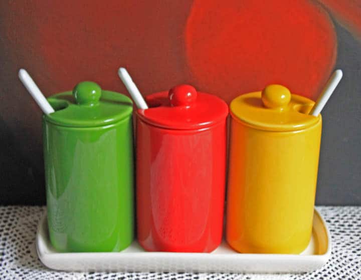 Condiment Jars with Lids , Spoons , and Tray. Containers for Serving Jam, Honey , or Ketchup. Modern Porcelain Kitchen Containers on Tray. - Tampa Home & Garden Store