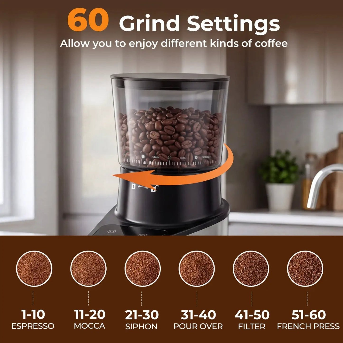 Conical Burr Coffee Grinder with 60 Settings