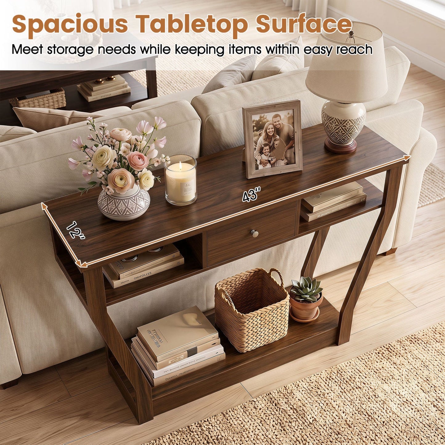 DirectDeals 47-inch console table with storage drawer and shelf in dark walnut finish on Tampa Home & Garden Store