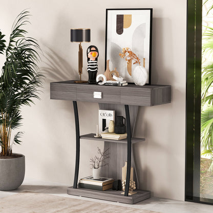 Mesa Consola con Cajón y Estantes de 2 Niveles para Entrada, Sala de Estar - Gris
