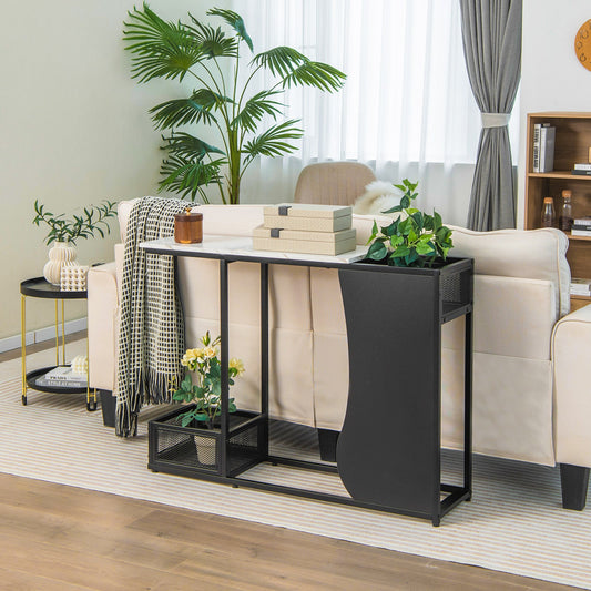 Mesa Consola de 43,5 Pulgadas con Posición para Plantas y Cubierta de Imitación Mármol - Negro