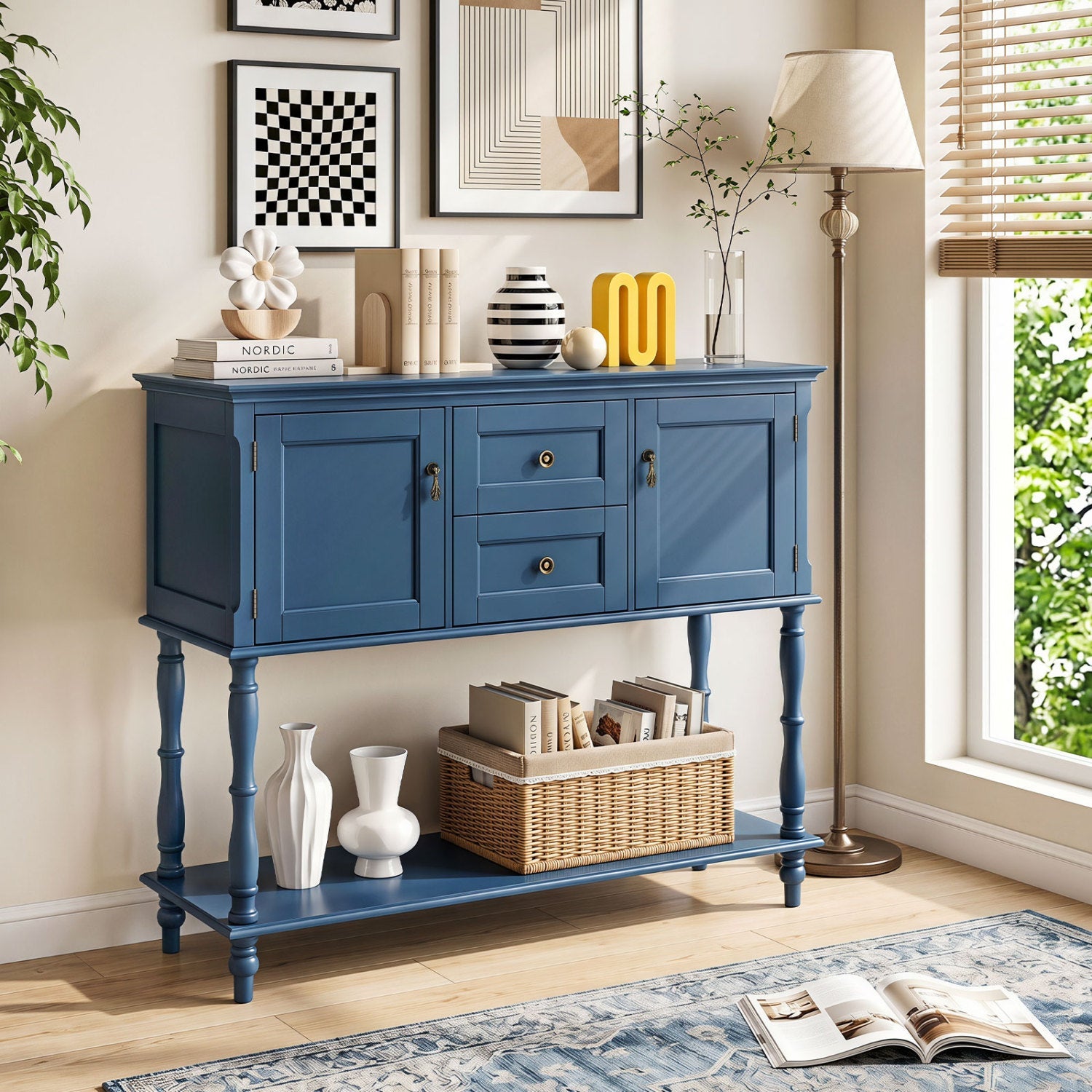 Blue console table with 2 drawers and storage cabinets, turned legs, decorated with books and vases on Tampa Home & Garden Store