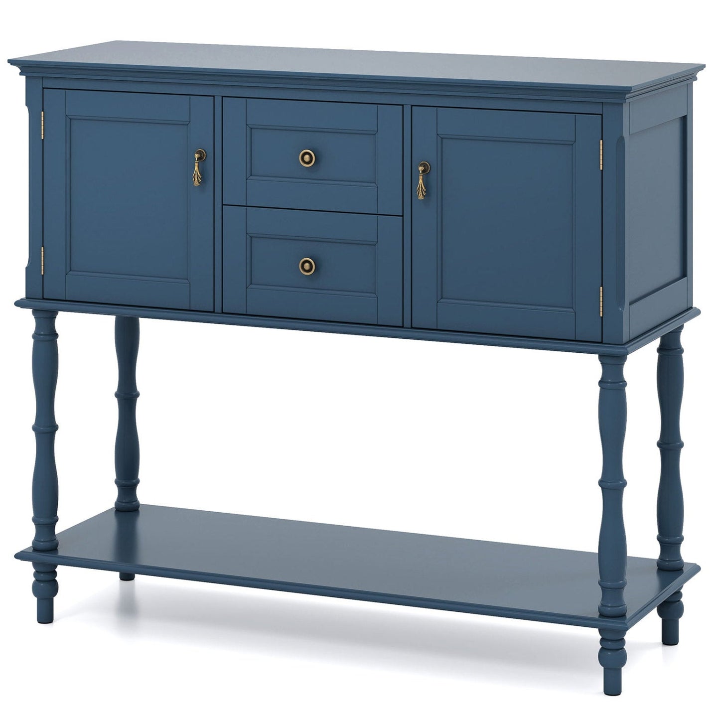 Blue DirectDeals console table with 2 drawers, 2 cabinet doors and gold hardware and shelf on Tampa Home & Garden Store