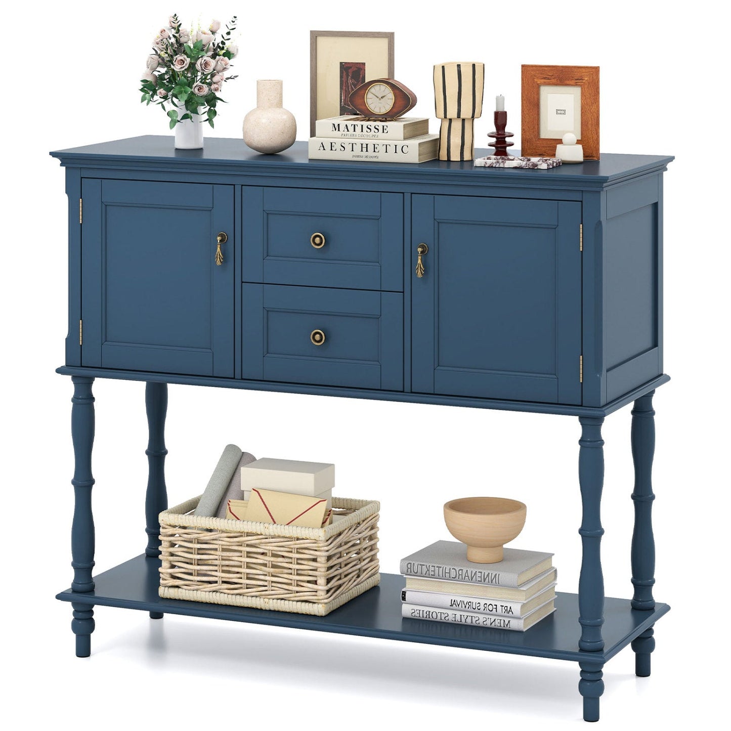 Console table blue finish with 2 drawers and storage cabinets, brass knobs by DirectDeals on Tampa Home & Garden Store