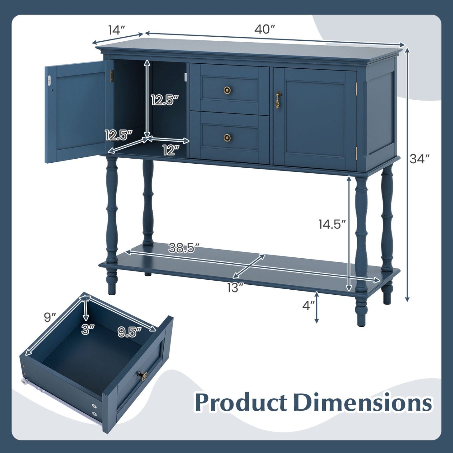 Console Table with 2 Drawers and Storage Cabinets in blue finish by DirectDeals, with turned legs on Tampa Home & Garden Store