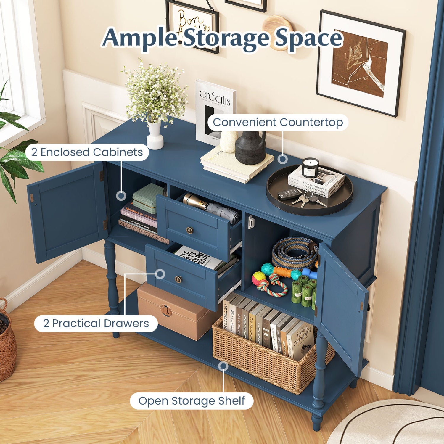 Console Table DirectDeals blue finish with 2 enclosed cabinets, 2 drawers, open storage shelf on Tampa Home & Garden Store