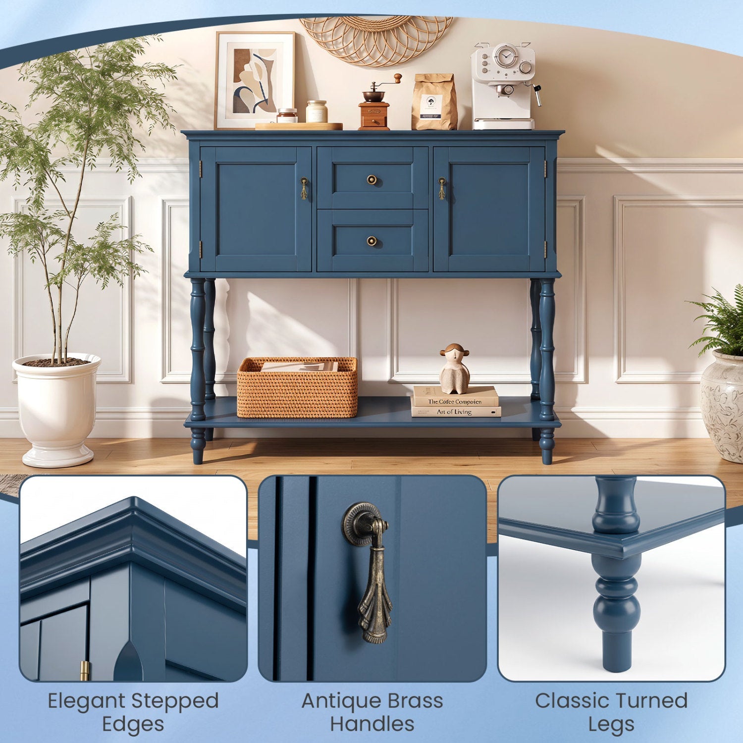 Console table by DirectDeals, blue with 2 drawers and cabinets, brass handles, turned legs on Tampa Home & Garden Store