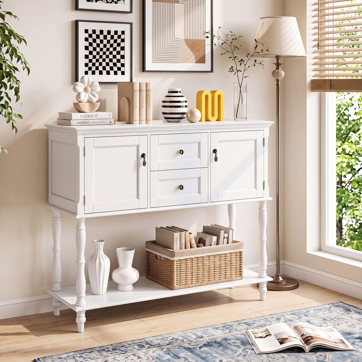 Console table with 2 drawers and side storage cabinets, white finish, DirectDeals on Tampa Home & Garden Store