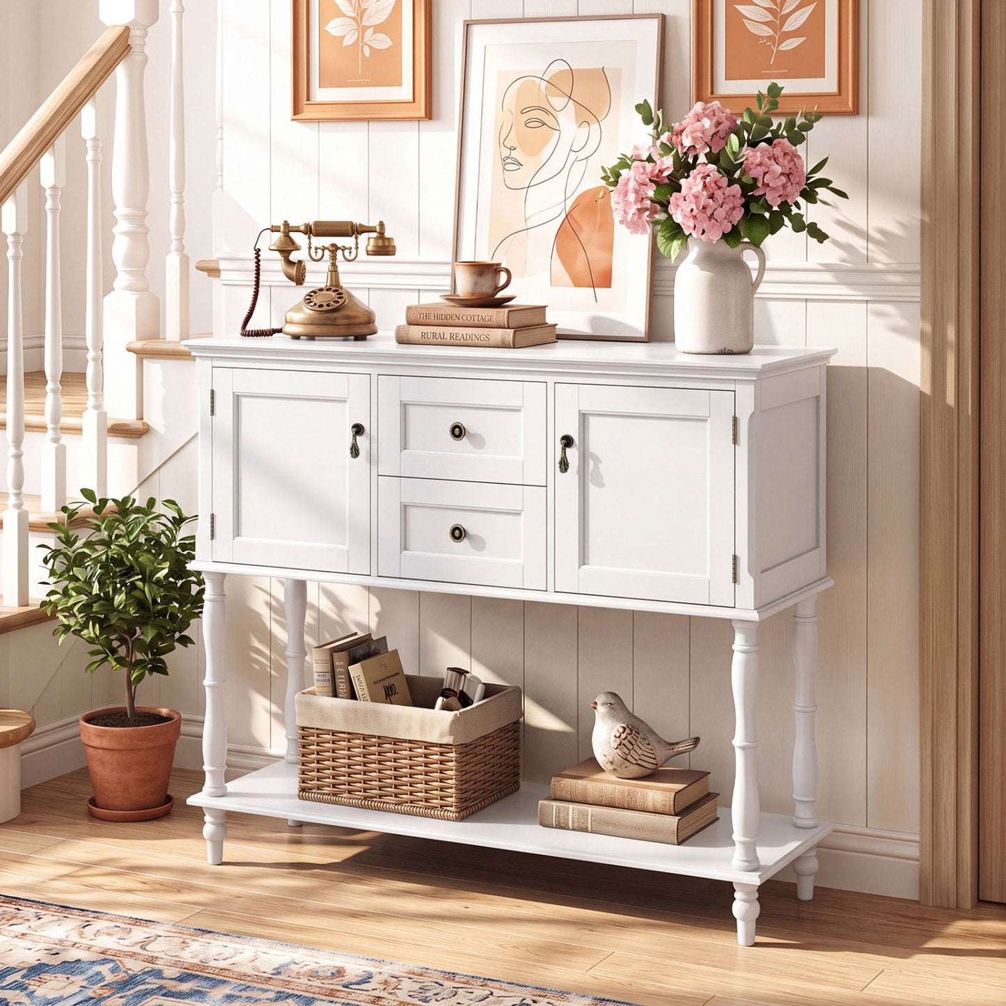 Console table with 2 drawers and storage cabinets, white finish, brass pulls DirectDeals on Tampa Home & Garden Store