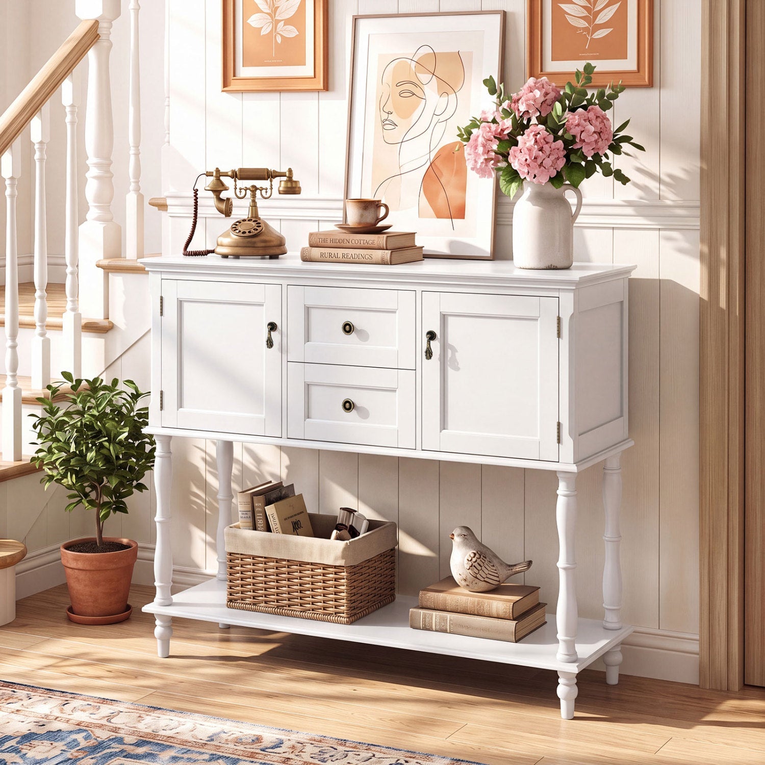 Console table with 2 drawers and storage cabinets, white finish, brass pulls DirectDeals on Tampa Home & Garden Store