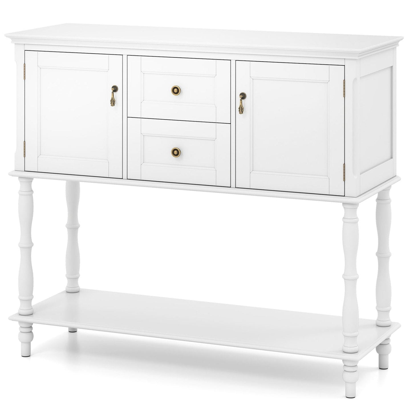 White console table with 2 center drawers and 2 side cabinet doors, turned legs, shelf on Tampa Home & Garden Store
